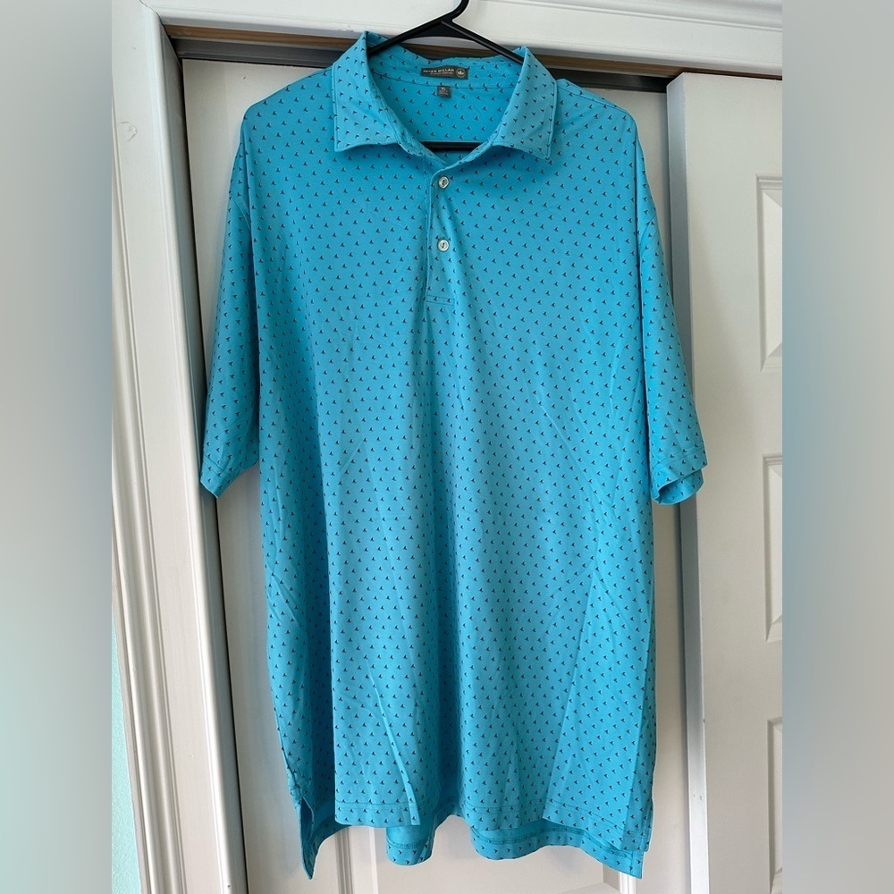 PETER MILLAR Men’s XL Aqua Blue Shark Fin Print Summer Comfort Golf Polo Shirt